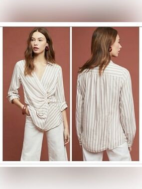 Maeve by Anthropologie Striped Ruched V-Neck Blouse Womens Size 6